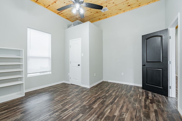 spare room with ceiling fan, high vaulted ceiling, dark hardwood / wood-style floors, and wooden ceiling