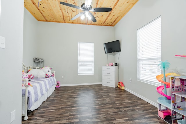 bedroom featuring ceiling fan, wooden ceiling, and dark hardwood / wood-style floors