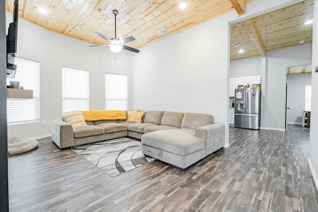 living room with ceiling fan, wood ceiling, beamed ceiling, and dark hardwood / wood-style floors