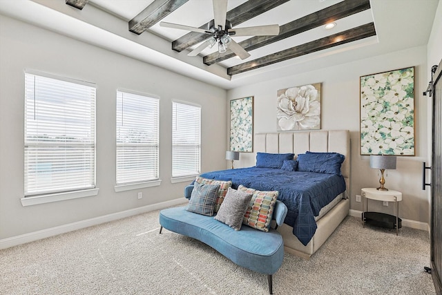 bedroom featuring light carpet, ceiling fan, and beam ceiling