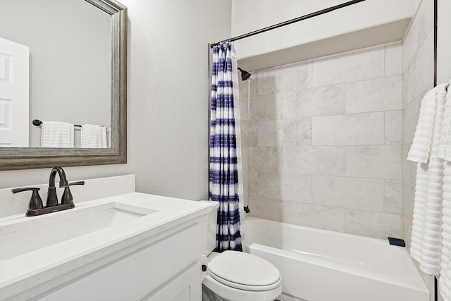 full bathroom with toilet, vanity, and shower / tub combo with curtain