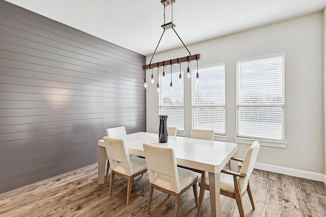 dining room featuring a healthy amount of sunlight, hardwood / wood-style floors, and wooden walls