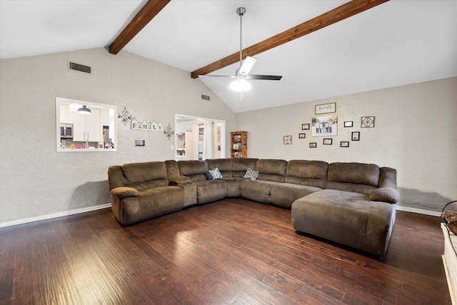 living room with ceiling fan, dark hardwood / wood-style flooring, and lofted ceiling with beams