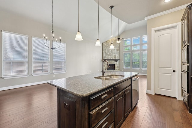 1776 Halifax St, Roanoke, TX 76262 - kitchen featuring a sink, a stone fireplace, appliances with stainless steel finishes, dark wood-style flooring, and dark brown cabinetry