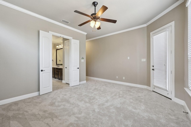 1776 Halifax St, Roanoke, TX 76262 - empty room with a ceiling fan, light carpet, ornamental molding, and baseboards