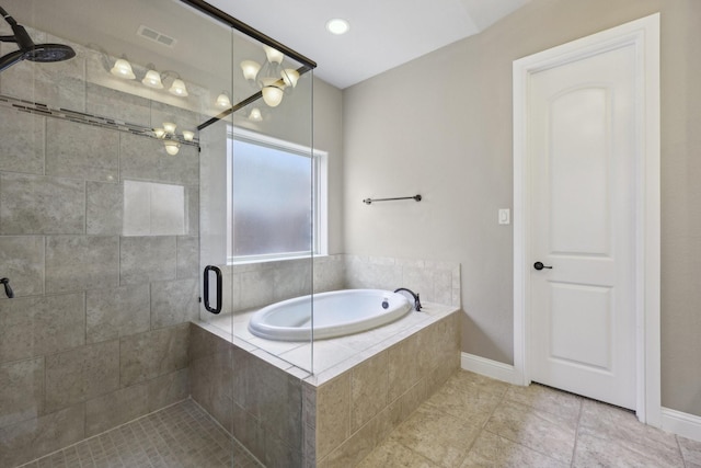 1776 Halifax St, Roanoke, TX 76262 - bathroom with a garden tub, a stall shower, tile patterned floors, and baseboards