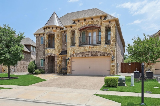 1776 Halifax St, Roanoke, TX 76262 - view of front of home with stone siding, a balcony, driveway, an attached garage, and roof with shingles