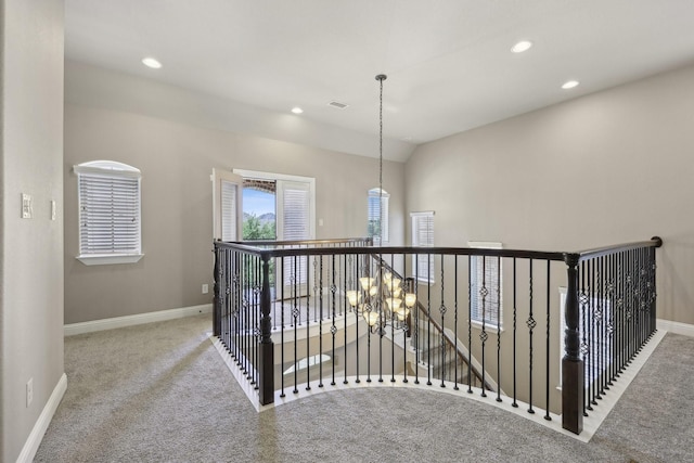 1776 Halifax St, Roanoke, TX 76262 - hallway featuring carpet flooring, baseboards, recessed lighting, and an upstairs landing