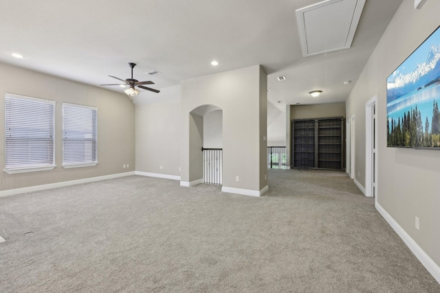 1776 Halifax St, Roanoke, TX 76262 - unfurnished living room featuring attic access, carpet floors, ceiling fan, recessed lighting, and baseboards