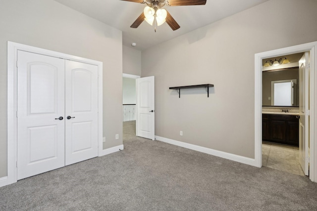 1776 Halifax St, Roanoke, TX 76262 - unfurnished bedroom with light carpet, a closet, baseboards, connected bathroom, and a ceiling fan