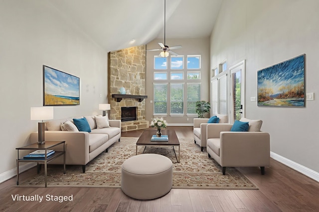 1776 Halifax St, Roanoke, TX 76262 - living area with high vaulted ceiling, a ceiling fan, baseboards, and wood finished floors