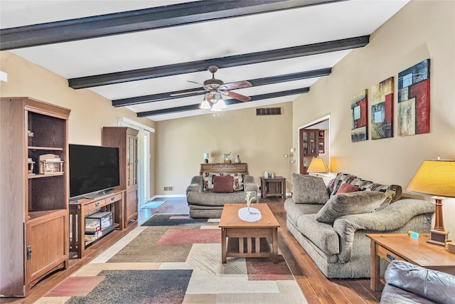 living room featuring ceiling fan, vaulted ceiling with beams, and light wood-type flooring