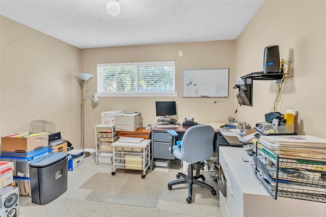 home office featuring light colored carpet and a textured ceiling