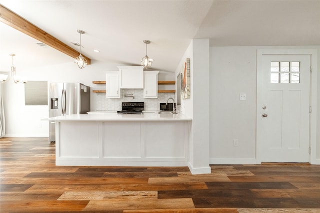 kitchen with pendant lighting, lofted ceiling with beams, kitchen peninsula, white cabinets, and black / electric stove