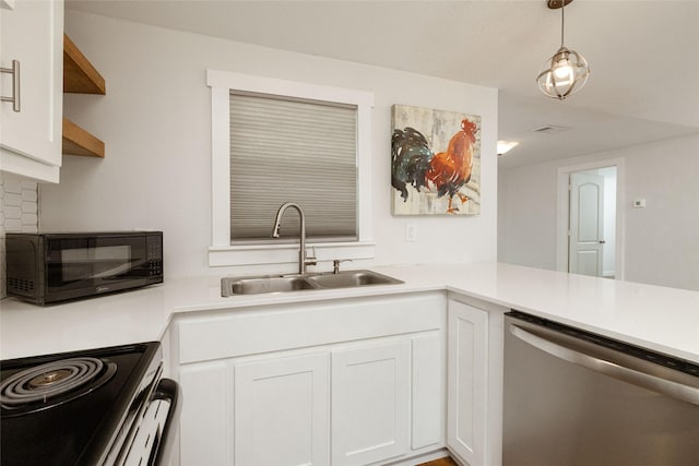 kitchen featuring electric range, hanging light fixtures, stainless steel dishwasher, white cabinets, and sink