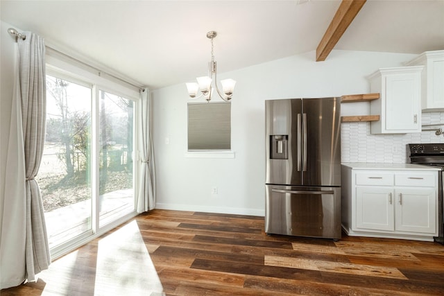 kitchen with stainless steel refrigerator with ice dispenser, electric range, white cabinets, dark hardwood / wood-style flooring, and a chandelier