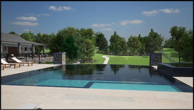 view of swimming pool with a yard and a patio