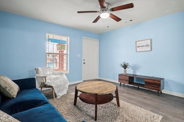 living room with ceiling fan and wood-type flooring