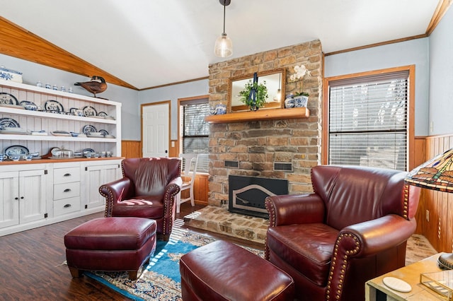 living room with vaulted ceiling, dark hardwood / wood-style floors, wooden walls, and a stone fireplace