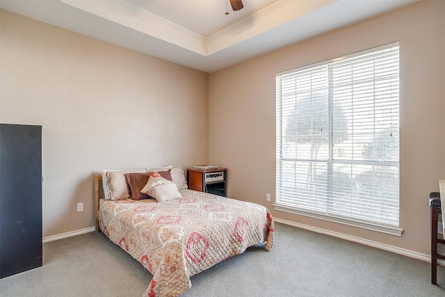 bedroom with a raised ceiling, ceiling fan, carpet, and multiple windows