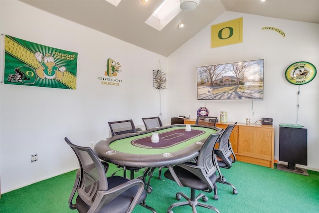 playroom with carpet flooring and lofted ceiling with skylight