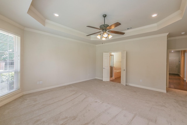 carpeted spare room featuring a wealth of natural light, ornamental molding, and a tray ceiling