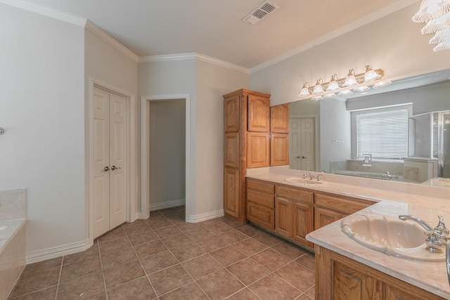 bathroom with vanity, crown molding, separate shower and tub, and tile patterned flooring