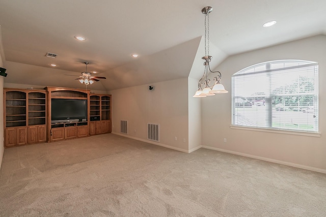 unfurnished living room with ceiling fan, light carpet, and lofted ceiling