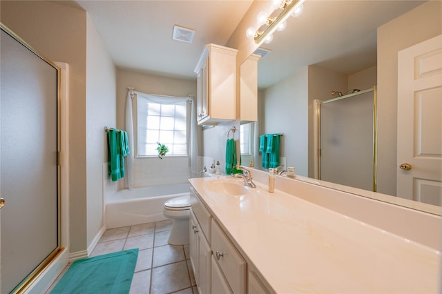 full bathroom with toilet, tile patterned flooring, plus walk in shower, and vanity