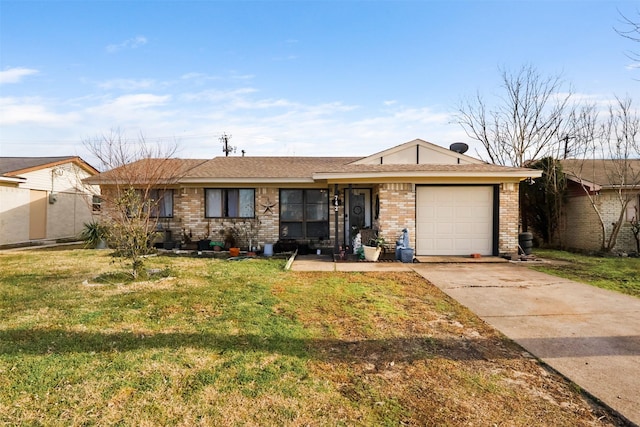 ranch-style home with concrete driveway, brick siding, a front lawn, and an attached garage