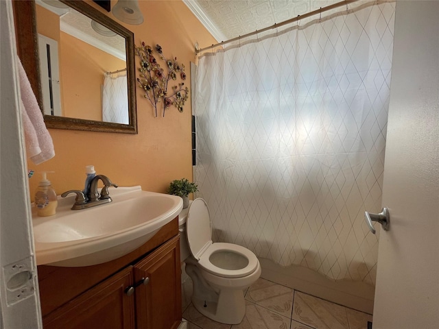 full bathroom with tile patterned floors, vanity, toilet, ornamental molding, and shower / bath combo