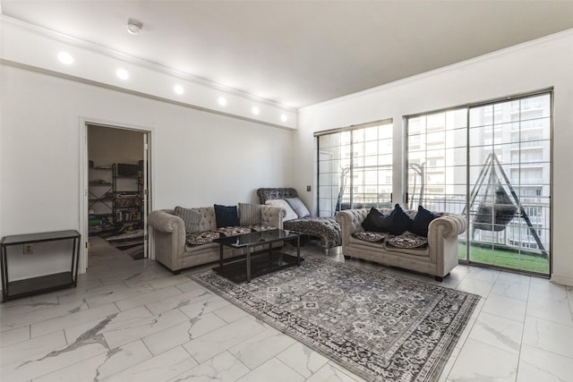 living room featuring crown molding