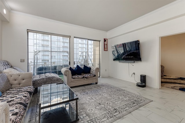 living room with crown molding