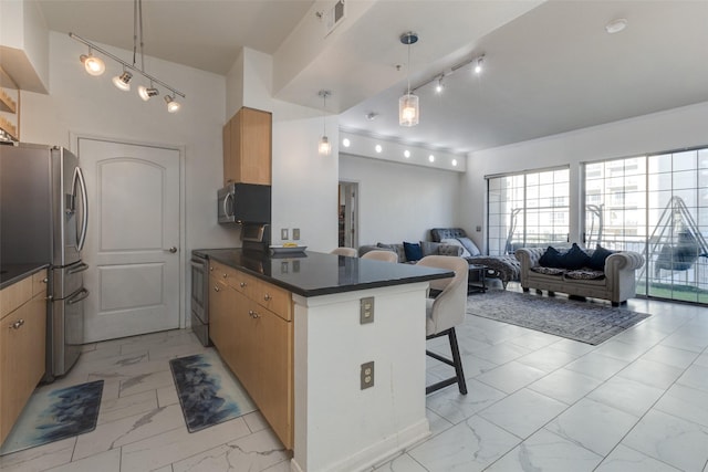 kitchen with kitchen peninsula, appliances with stainless steel finishes, a kitchen breakfast bar, and pendant lighting