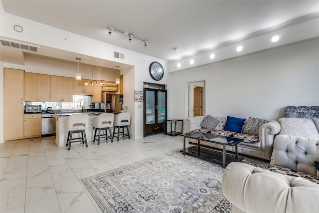 living room with sink and crown molding