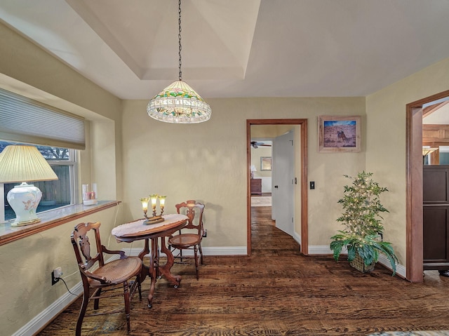 dining room featuring dark wood-type flooring, a tray ceiling, and a notable chandelier