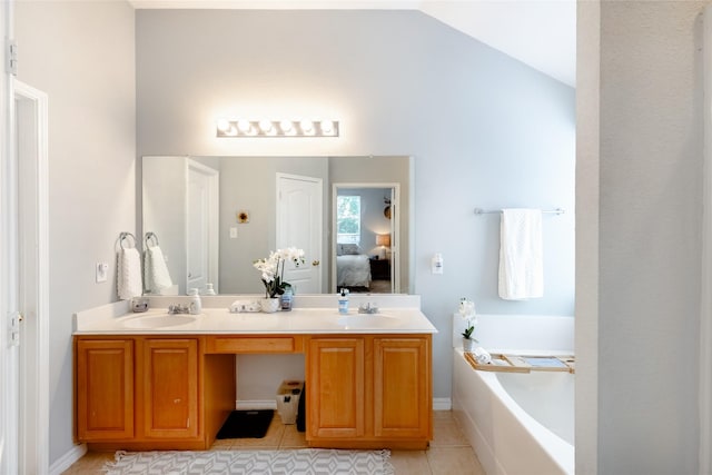 3729 Cook Ct, Fort Worth, TX 76244 - full bath with connected bathroom, double vanity, a bath, tile patterned floors, and lofted ceiling