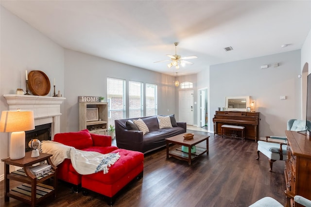 3729 Cook Ct, Fort Worth, TX 76244 - living area with a ceiling fan, wood finished floors, a fireplace, and baseboards