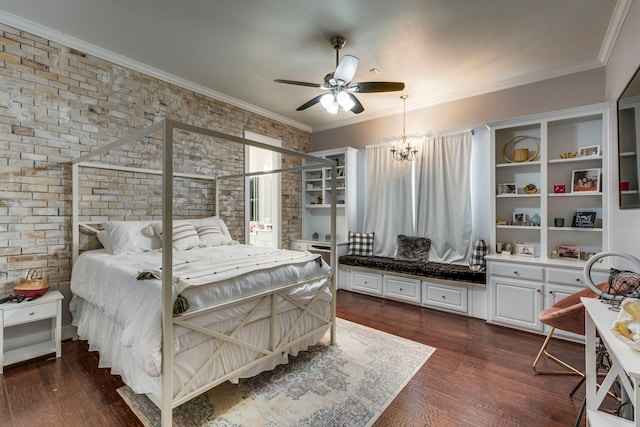 bedroom with brick wall, ceiling fan with notable chandelier, dark hardwood / wood-style flooring, and ornamental molding