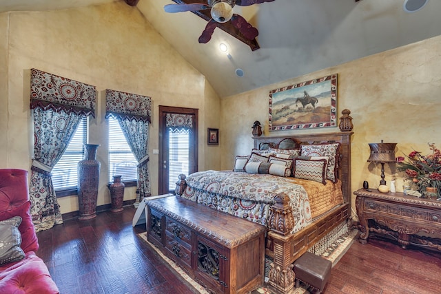 bedroom featuring dark wood-type flooring, ceiling fan, high vaulted ceiling, and beamed ceiling