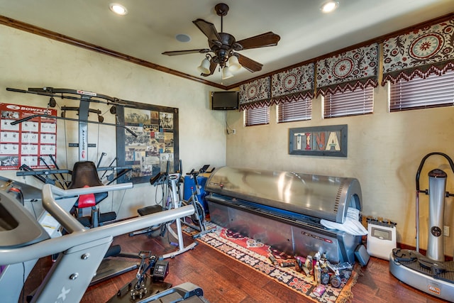 miscellaneous room featuring hardwood / wood-style flooring, ornamental molding, and ceiling fan