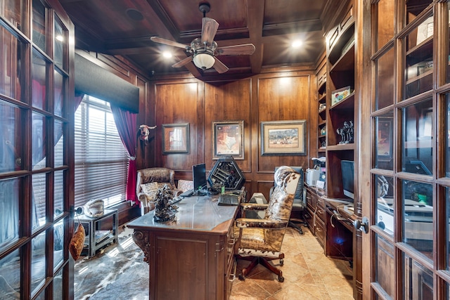 office space with beamed ceiling, wood walls, coffered ceiling, and wooden ceiling