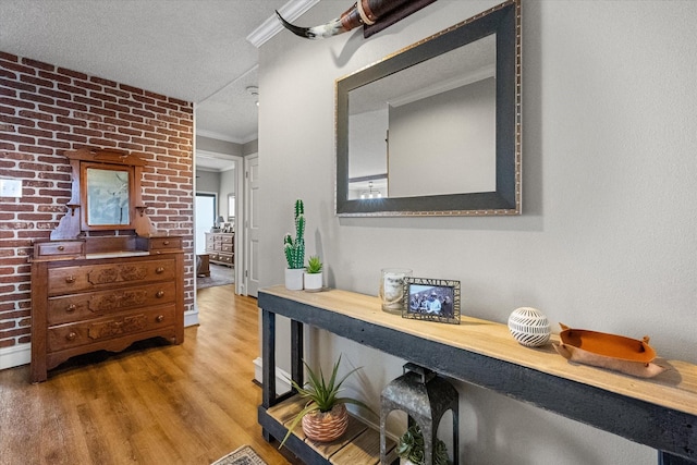 hall with a textured ceiling, crown molding, and light wood-type flooring