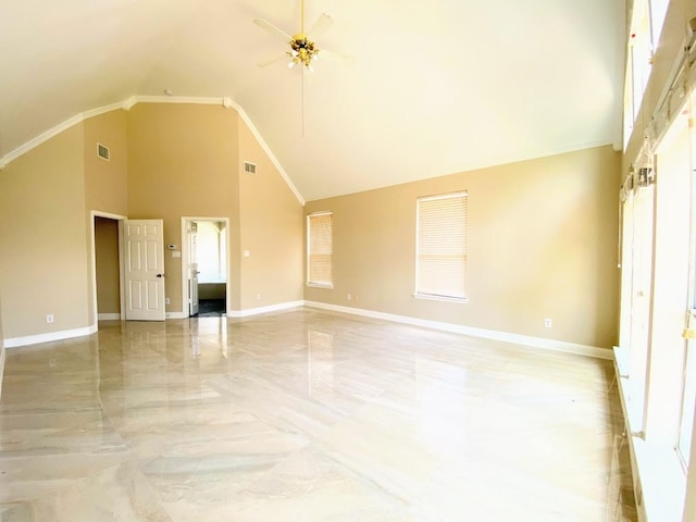 interior space featuring ceiling fan and high vaulted ceiling