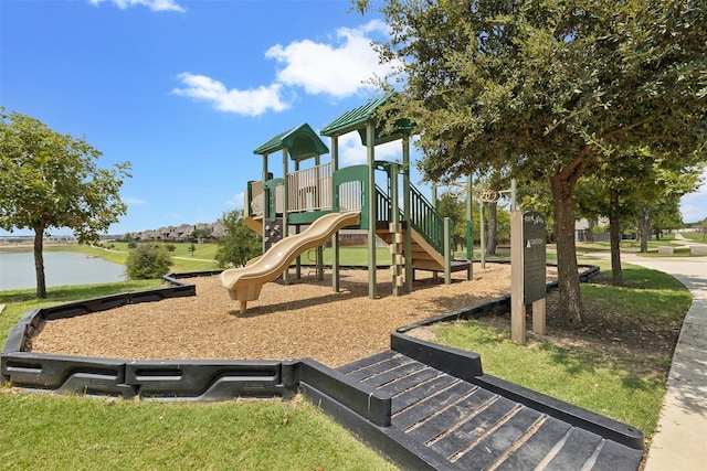 view of play area featuring a water view