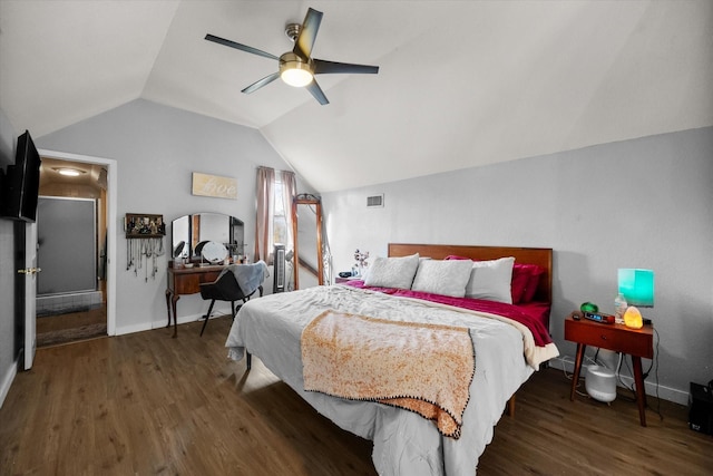 bedroom featuring dark wood-type flooring, ceiling fan, and lofted ceiling