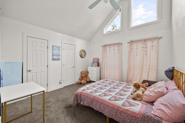 carpeted bedroom featuring ceiling fan and high vaulted ceiling