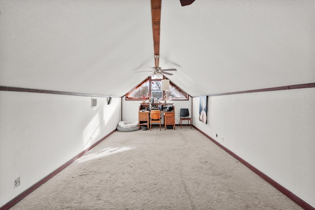 additional living space featuring ceiling fan, light colored carpet, and vaulted ceiling