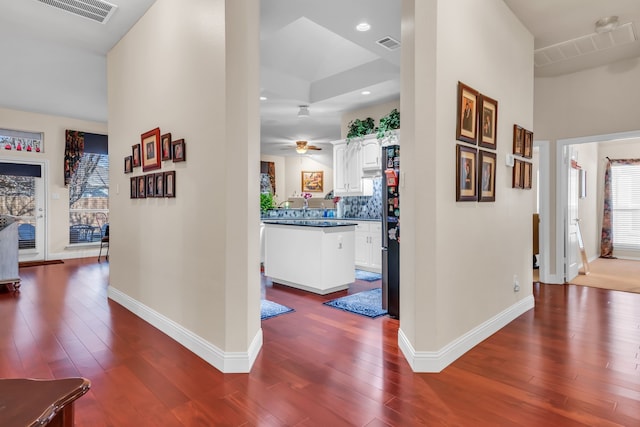 hall with dark hardwood / wood-style floors and sink