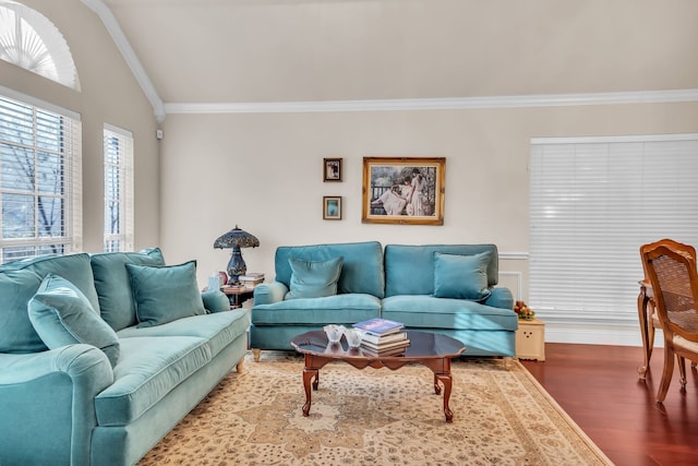 living room with lofted ceiling, ornamental molding, and hardwood / wood-style flooring